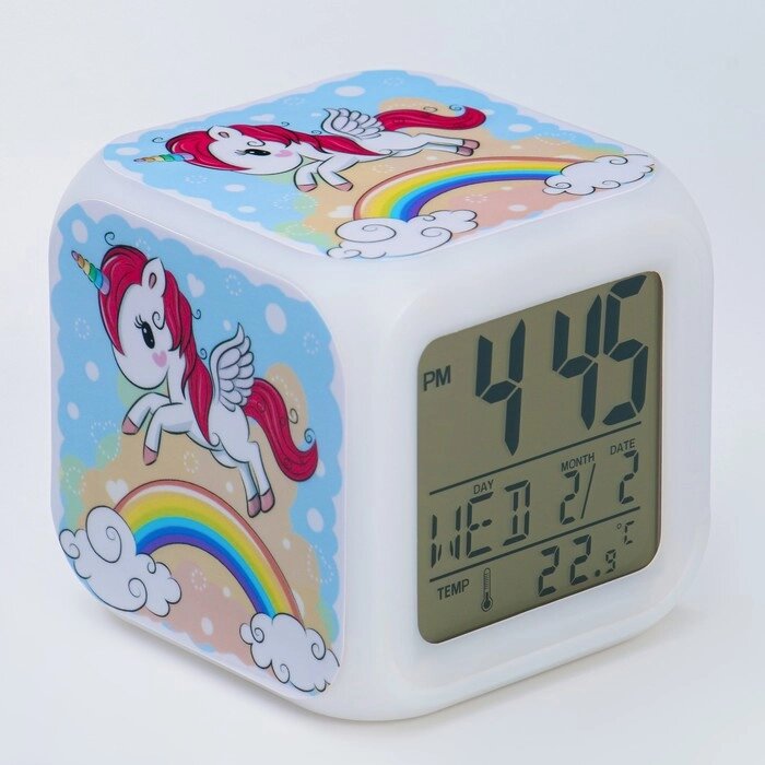 Часы настольные электронные "Единорог" с подсветкой, будильником, термометром, календарем от компании Интернет-гипермаркет «MOLL» - фото 1