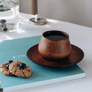Чайная пара из натурального кедра Magistro, чашка 150 мл, блюдце: 15,52 см, цвет шоколадный