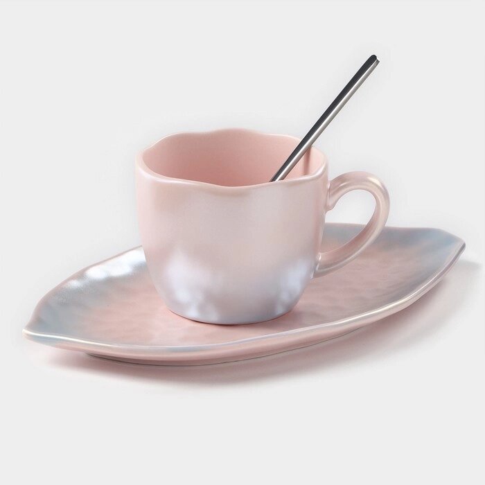 Чайная пара керамическая "Перламутр", 3 предмета: кружка 190 мл, блюдце d=21 см, ложка h=13 см от компании Интернет-гипермаркет «MOLL» - фото 1