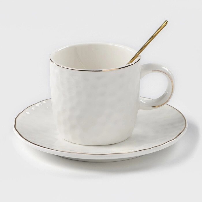Чайная пара керамическая "Роскошь", 3 предмета: кружка 200 мл, блюдце d=15 см, ложка h=13 см, цвет белый от компании Интернет-гипермаркет «MOLL» - фото 1