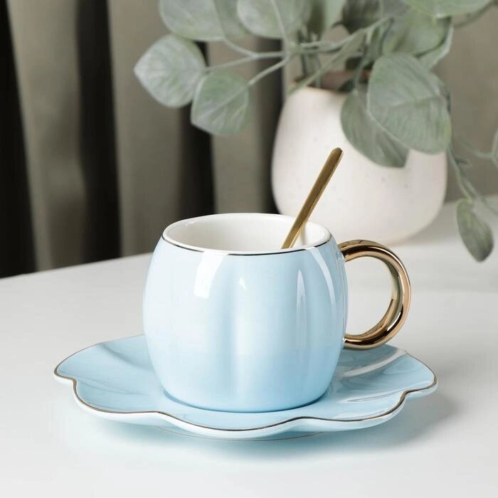 Чайная пара с ложкой "Цветок", 240 мл, чашка 1187 см, блюдце d=16 см, цвет голубой от компании Интернет-гипермаркет «MOLL» - фото 1