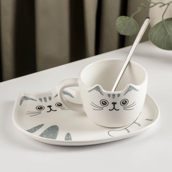 Чайная пара с ложкой "Котик" чашка 200 мл, блюдце 18x11 см от компании Интернет-гипермаркет «MOLL» - фото 1