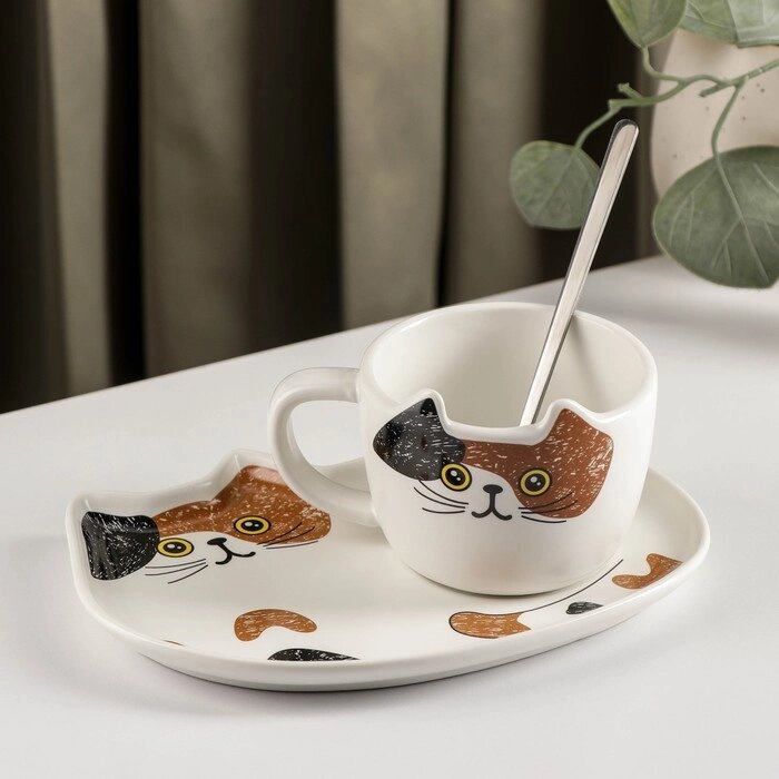 Чайная пара с ложкой "Котик" чашка 200 мл, блюдце 18x11 см от компании Интернет-гипермаркет «MOLL» - фото 1