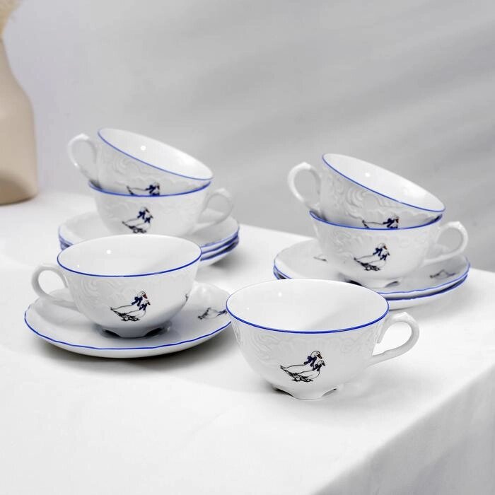 Чайный сервиз на 6 персон "Рококо. Гуси", 12 предметов: кружки 220 мл d=10 см, блюдца 15,5 см от компании Интернет-гипермаркет «MOLL» - фото 1