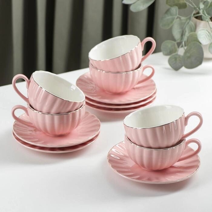 Чайный сервиз "Вивьен": 6 чашек 200 мл, 6 блюдец d=15 см, цвет розовый от компании Интернет-гипермаркет «MOLL» - фото 1