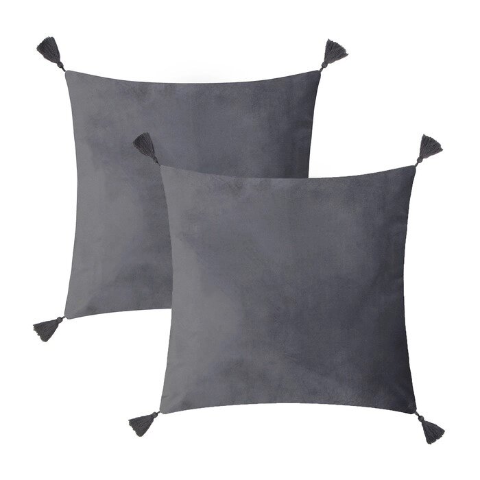 Чехол на подушку 2шт. с кисточками Этель цвет серый, 45х45 см, 100% п/э, велюр от компании Интернет-гипермаркет «MOLL» - фото 1