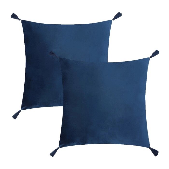 Чехол на подушку 2шт. с кисточками Этель цвет синий, 45х45 см, 100% п/э, велюр от компании Интернет-гипермаркет «MOLL» - фото 1