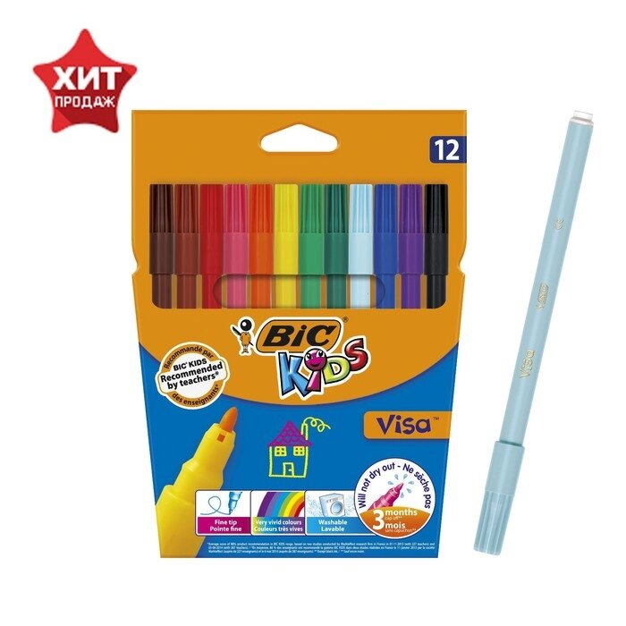 Цветные фломастеры 12 цветов, детские, смываемые, тонкое письмо, BIC Kids Visa от компании Интернет-гипермаркет «MOLL» - фото 1