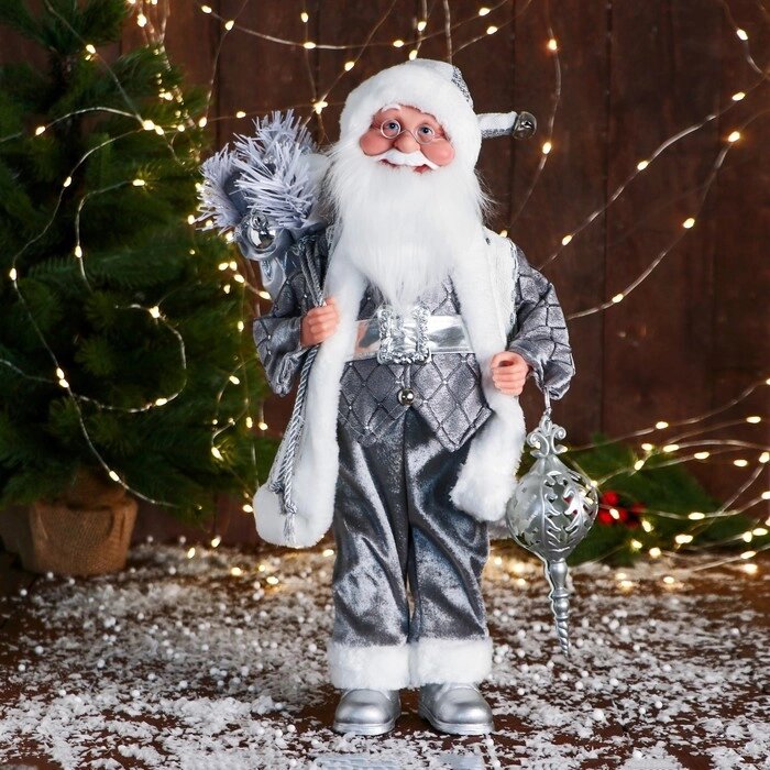 Дед Мороз "Клетчатом жилете " музыка шевелит головой, 43 см, серый от компании Интернет-гипермаркет «MOLL» - фото 1