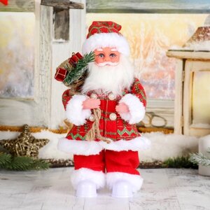 Дед Мороз "Клетчатый колпак с подарками" 28 см, без музыки, с подсветкой