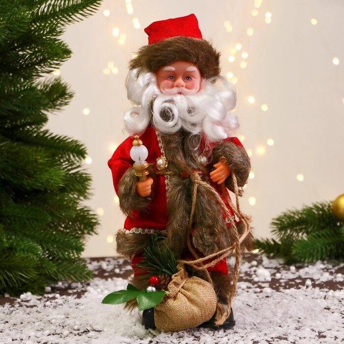 Дед Мороз "В кафтане с пуговицами и с мешком" 30 см, двигается, красно-коричневый от компании Интернет-гипермаркет «MOLL» - фото 1