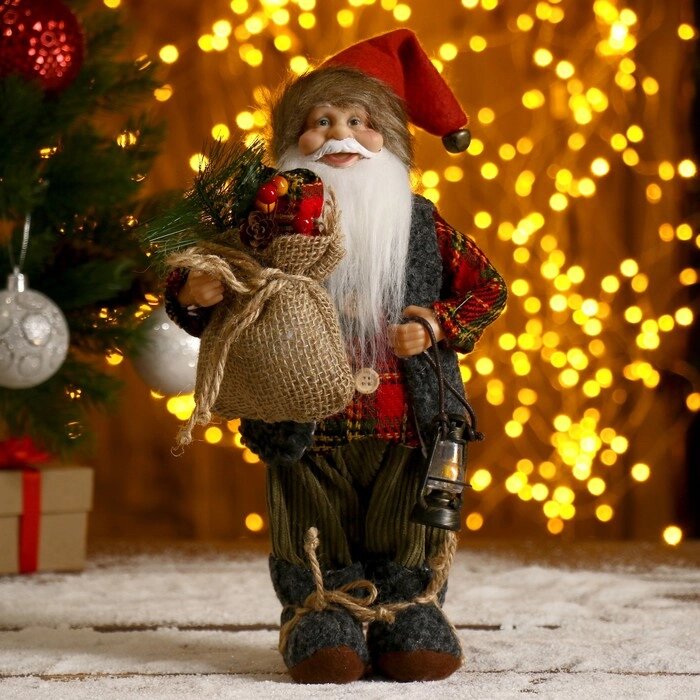Дед Мороз в клетчатой шубке с фонариком и мешком 30 см от компании Интернет-гипермаркет «MOLL» - фото 1