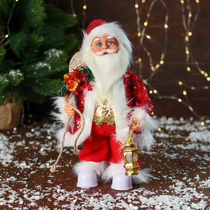 Дед Мороз "В костюме с пайетками, с фонариком" двигается, с подсветкой, 28 см, красный от компании Интернет-гипермаркет «MOLL» - фото 1