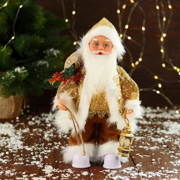 Дед Мороз "В костюме с пайетками, с фонариком" двигается, с подсветкой, 28 см, золото от компании Интернет-гипермаркет «MOLL» - фото 1