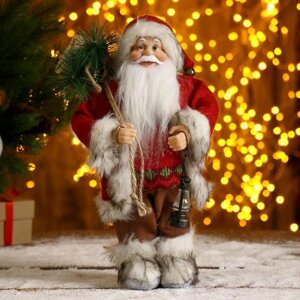 Дед Мороз в красной шубке с фонариком и мешочком 30 см