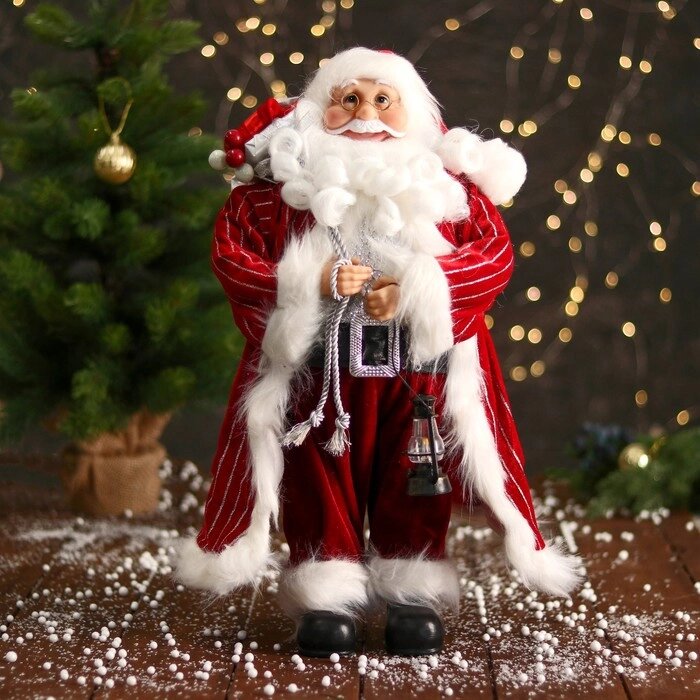 Дед Мороз "В полосатой шубе, фонариком и подарками" 47 см, бело-красный от компании Интернет-гипермаркет «MOLL» - фото 1