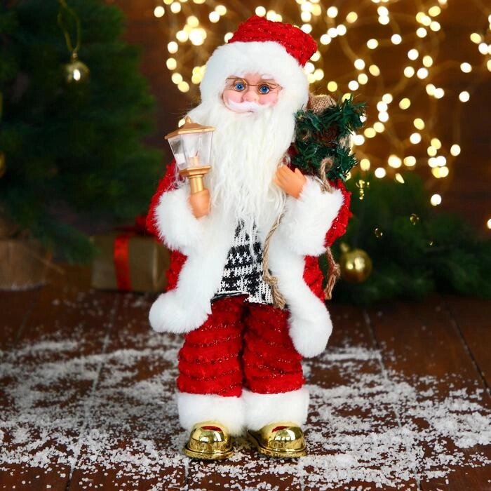 Дед Мороз "В свитере и блестящей шубке с белым мехом" двигается, фонарь светится, 15х35 см от компании Интернет-гипермаркет «MOLL» - фото 1