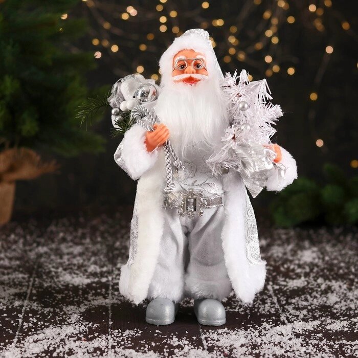 Дед Мороз "В высоком колпачке, в ремешке и с мешком" 30 см, серебристо-белый от компании Интернет-гипермаркет «MOLL» - фото 1