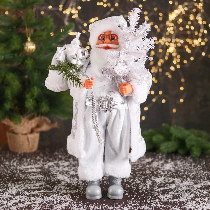Дед Мороз "В высоком колпачке, в ремешке и с мешком" 44 см, серебристо-белый от компании Интернет-гипермаркет «MOLL» - фото 1
