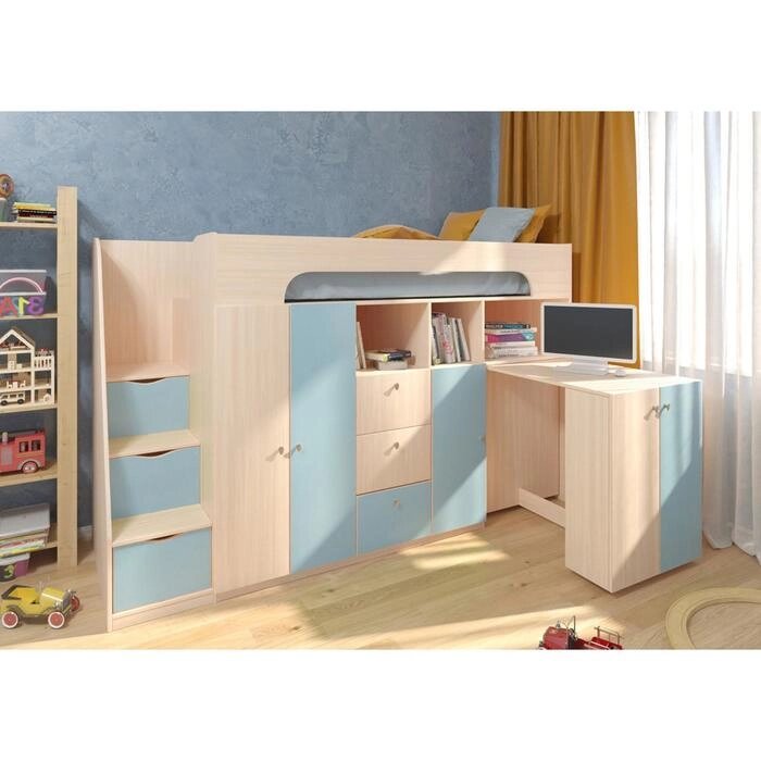 Детская кровать-чердак "Астра 11", цвет дуб молочный / голубой от компании Интернет-гипермаркет «MOLL» - фото 1