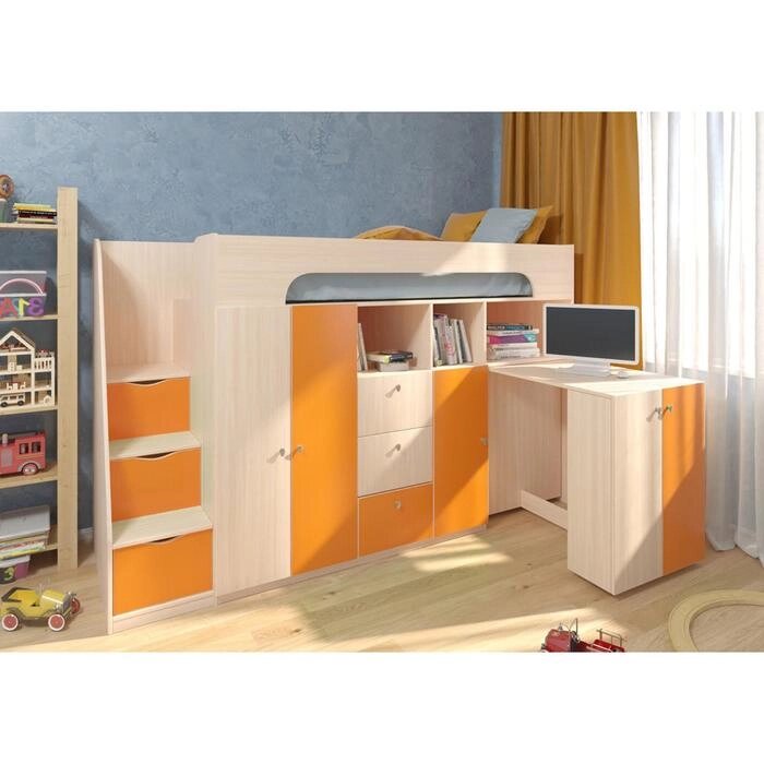 Детская кровать-чердак "Астра 11", цвет дуб молочный / оранжевый от компании Интернет-гипермаркет «MOLL» - фото 1
