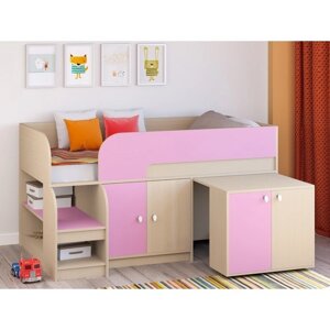 Детская кровать-чердак "Астра 9 V8", выдвижной стол, цвет дуб молочный/розовый