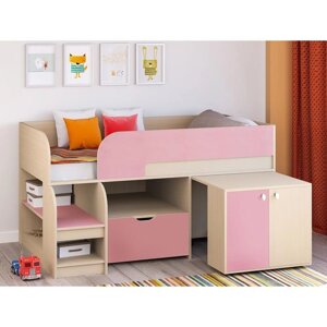 Детская кровать-чердак "Астра 9 V9", выдвижной стол, цвет дуб молочный/розовый