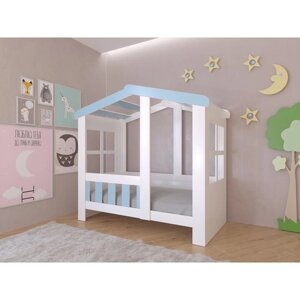 Детская кровать-чердак "Астра домик", без ящика, цвет белый / голубой