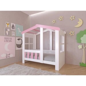 Детская кровать-чердак "Астра домик", без ящика, цвет белый / розовый