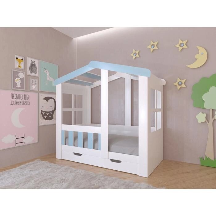 Детская кровать-чердак "Астра домик", с ящиком, цвет белый / голубой от компании Интернет-гипермаркет «MOLL» - фото 1