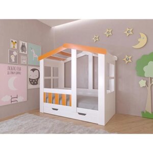 Детская кровать-чердак "Астра домик", с ящиком, цвет белый / оранжевый