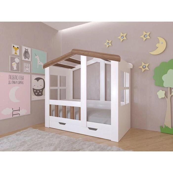 Детская кровать-чердак "Астра домик", с ящиком, цвет белый / орех от компании Интернет-гипермаркет «MOLL» - фото 1