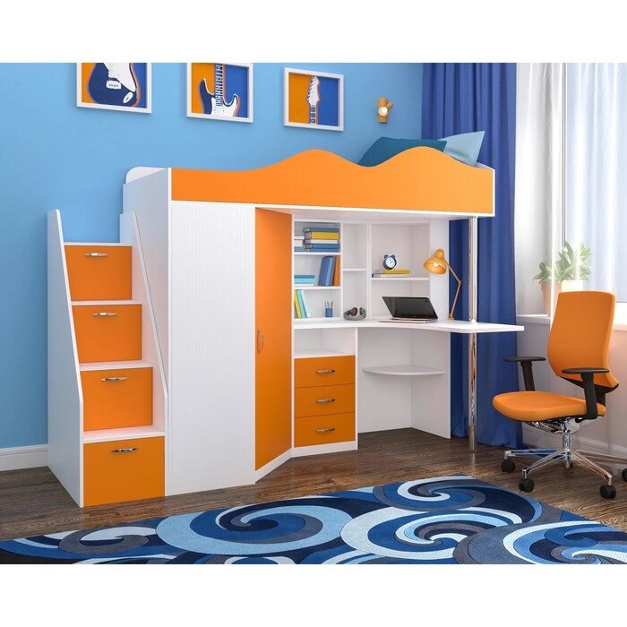 Детская кровать-чердак Пионер белое дерево/оранжевый от компании Интернет-гипермаркет «MOLL» - фото 1