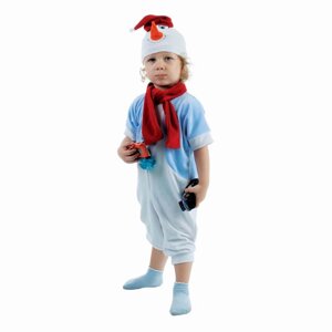 Детский карнавальный костюм "Снеговик в голубом жилете", велюр, комбинезон, шарф, шапка, рост 68-92 см
