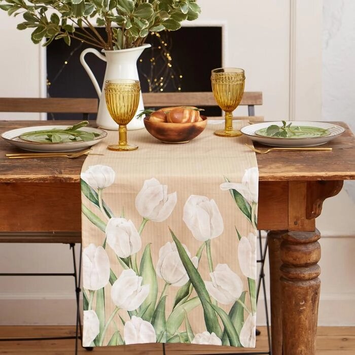 Дорожка на стол "Этель" Белые тюльпаны 40х149см, 100% хл, саржа 190 г/м2 от компании Интернет-гипермаркет «MOLL» - фото 1