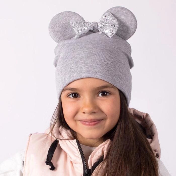 Двухслойная шапка "Мышка", цвет серый/принт бантик, размер 50-54 от компании Интернет-гипермаркет «MOLL» - фото 1