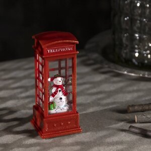 Фигура свет. Снеговик в красной телефонной будке" 12х5х5 см, 1 LED, блестки, Т/БЕЛЫЙ
