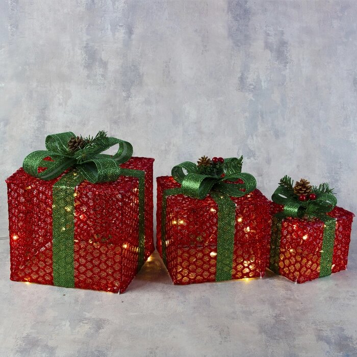 Фигура текстиль "Подарки красные с зеленой лентой" 15х20х25 см, 60 LED, 220V, Т/БЕЛЫЙ от компании Интернет-гипермаркет «MOLL» - фото 1
