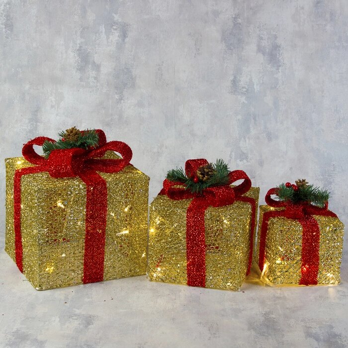 Фигура текстиль "Подарки золотые с красной лентой" 15х20х25 см, 60 LED, 220V, Т/БЕЛЫЙ от компании Интернет-гипермаркет «MOLL» - фото 1