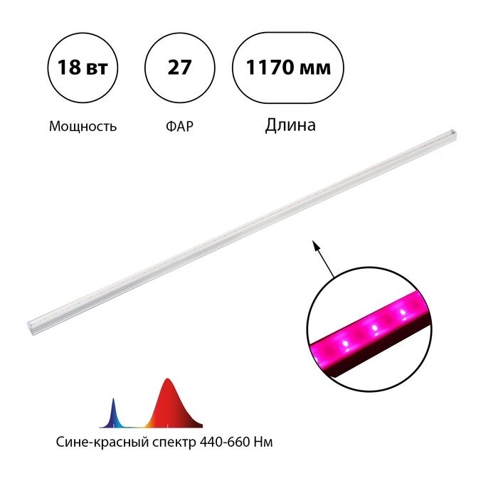 Фитосветильник светодиодный, 18 Вт, 1173 мм, IP22, полный спектр, розовый от компании Интернет-гипермаркет «MOLL» - фото 1