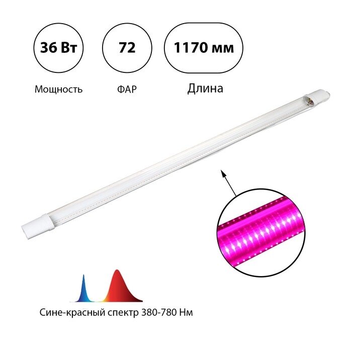 Фитосветильник светодиодный, 36 Вт, 1173 мм, IP65, полный спектр, фиолетовый от компании Интернет-гипермаркет «MOLL» - фото 1