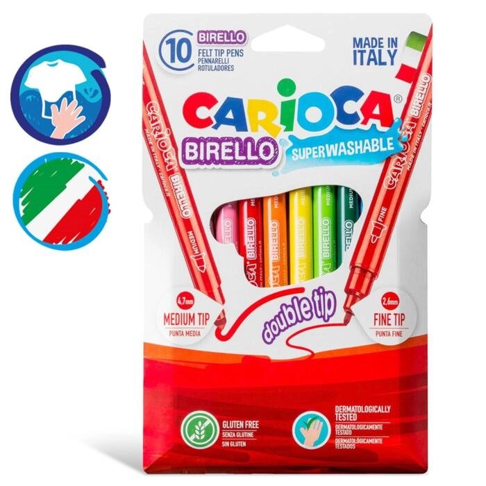 Фломастеры 10 цветов двусторонние Carioca "Birello" 2.6/4.7 мм, смываемые, картон, европодвес от компании Интернет-гипермаркет «MOLL» - фото 1