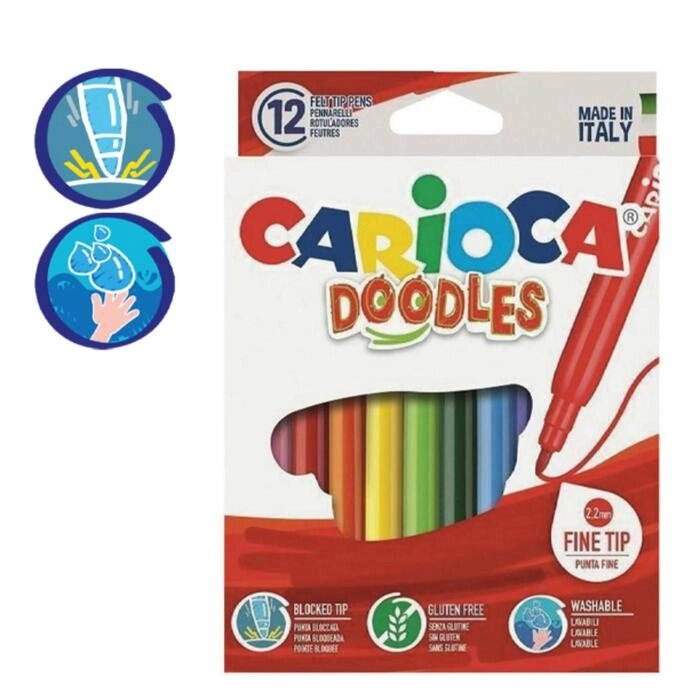 Фломастеры 12 цветов Carioca "Doodles" 2.2 мм, суперяркие, смываемые, картон, европодвес от компании Интернет-гипермаркет «MOLL» - фото 1