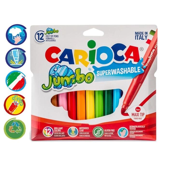 Фломастеры 12 цветов Carioca "Jumbo" 5 мм, утолщенные, смываемые, картон, европодвес от компании Интернет-гипермаркет «MOLL» - фото 1