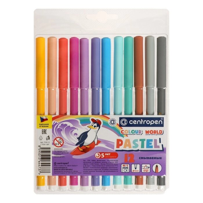 Фломастеры 12 цветов, Centropen Colour World Pastel 7550/12 TP, пастельные, в блистере от компании Интернет-гипермаркет «MOLL» - фото 1