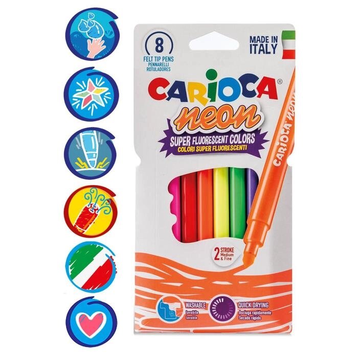 Фломастеры 8 цветов Carioca "Neon" неоновая палитра, смываемые,  картон, европодвес от компании Интернет-гипермаркет «MOLL» - фото 1