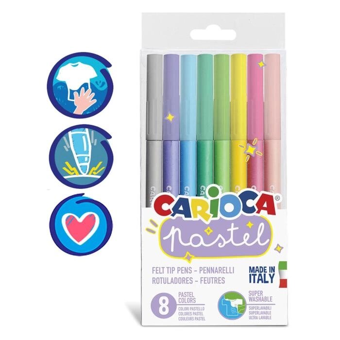Фломастеры 8 цветов Carioca "Pastel" пастельная палитра, смываемые, блистер, европодвес от компании Интернет-гипермаркет «MOLL» - фото 1