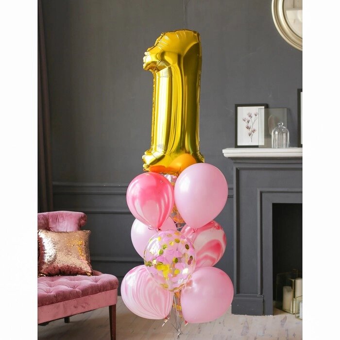 Фонтан из шаров "1 годик", для девочки, латекс, фольга, 10 шт. от компании Интернет-гипермаркет «MOLL» - фото 1