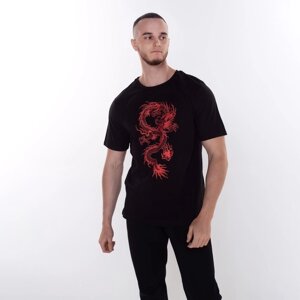 Футболка мужская "Дракон", цвет чёрный/принт красный, размер 54