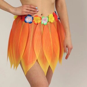 Гавайская юбка "Листики и цветочки" 36 см, цвет оранжевый